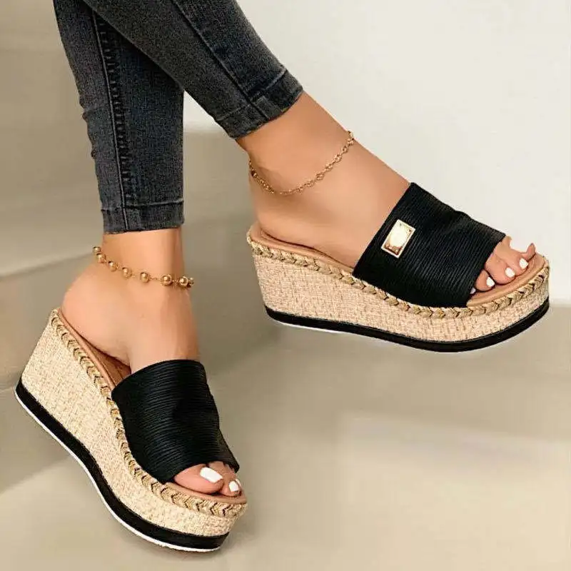 

designer colorful cheap casual espadrilles canvas high wedge female 2020 shoes slippers for lady