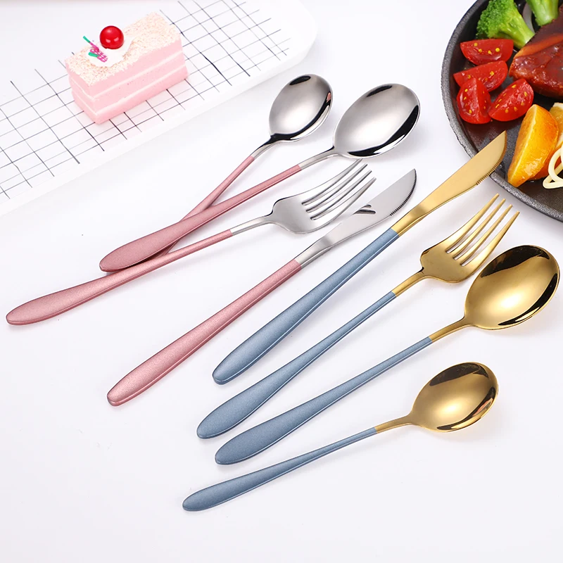 

4pcs Metal Fork Knife Spoon Custom Dinnerware Tableware Stainless Steel Cutlery set of 4, Handle white/pink/black/blue/green+gold/silver