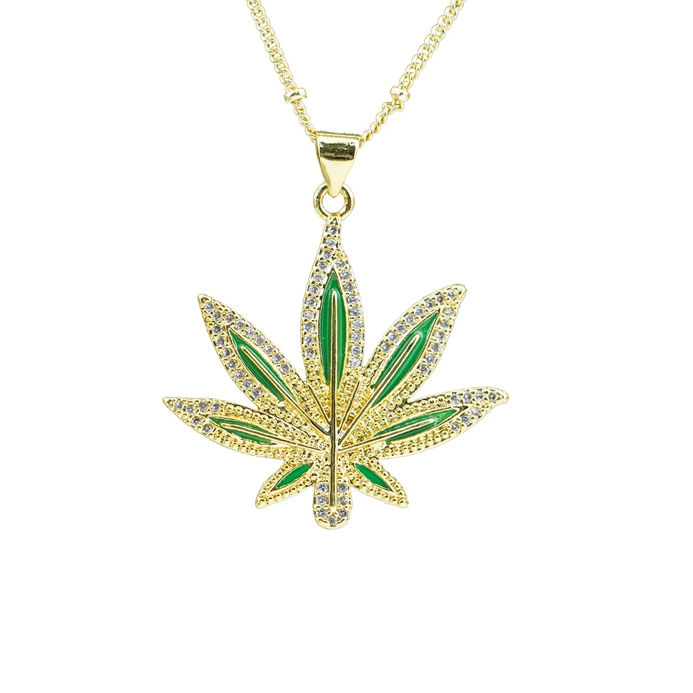 

BD-A419 high quality 14K gold plated cz micro pave custom enamel weed leaf pendant handmade necklace
