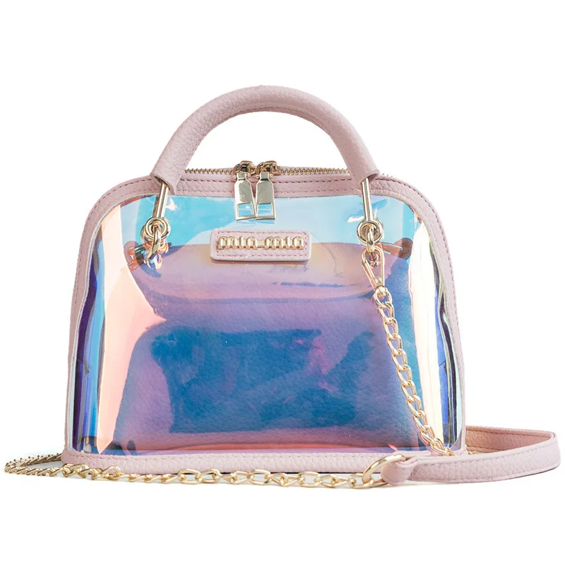 

2022 Hot products laser clear purse bag summer fashion chain hologram jelly PVC messenger shoulder hand bag, Rainbow