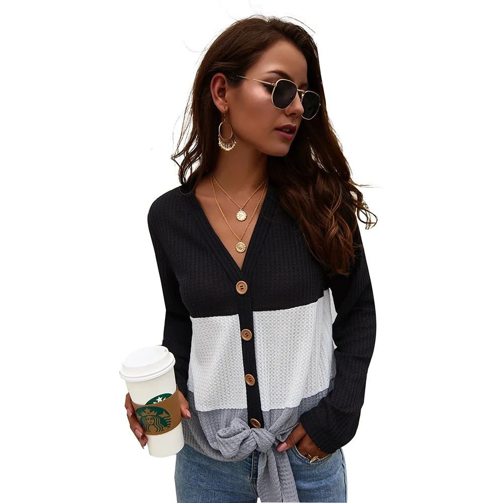 

2019 Fashion Ladies Girl Doule Colors V Neck Button Sweatshirt Long Sleeve Casual Shirt Crop Tops For Women Sweater Clothing, Customized