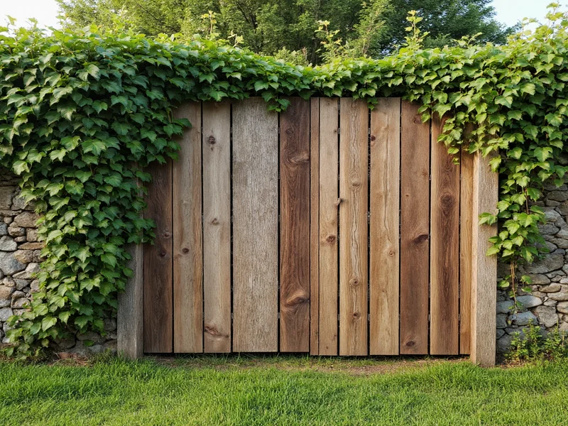 Reclaimed wooden pallet fence with climbing vines