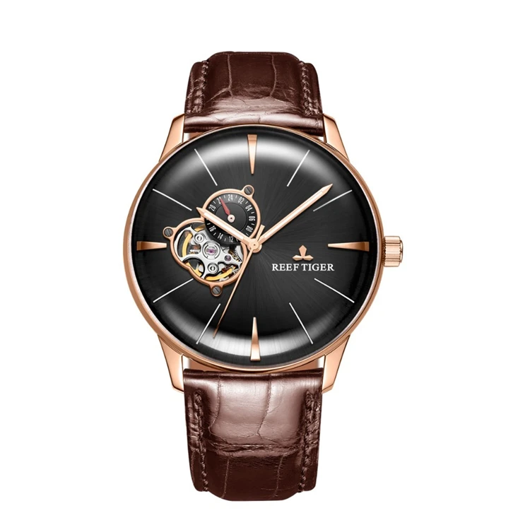 

REEF TIGRE RGA8239 Luxury Rose Gold Watch Men's Automatic Mechanical Watches Tourbillon Watches With Brown Leather Strap Clock