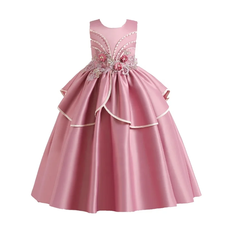 

2057 Girl's satin princess dress long dress Manual nail bead Neck Red Striped Girl's Dress