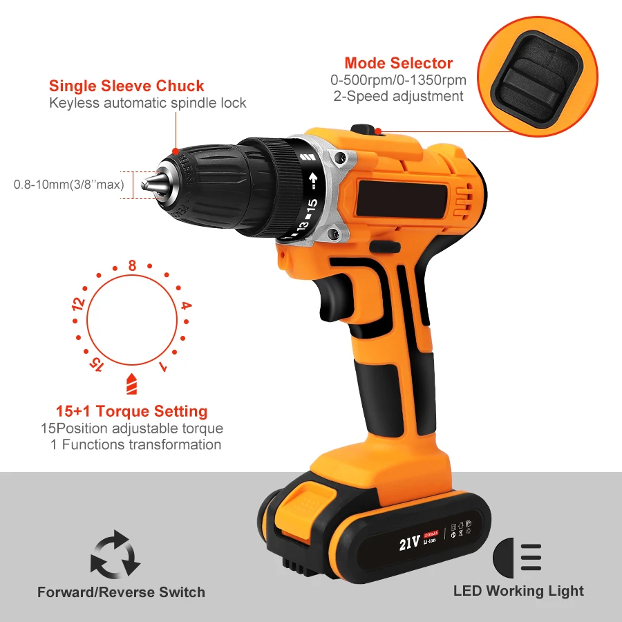 
High Quality 18650 Li-ion 21v Rechargeable Battery Industrial Electric Lightweight Cordless Drill 