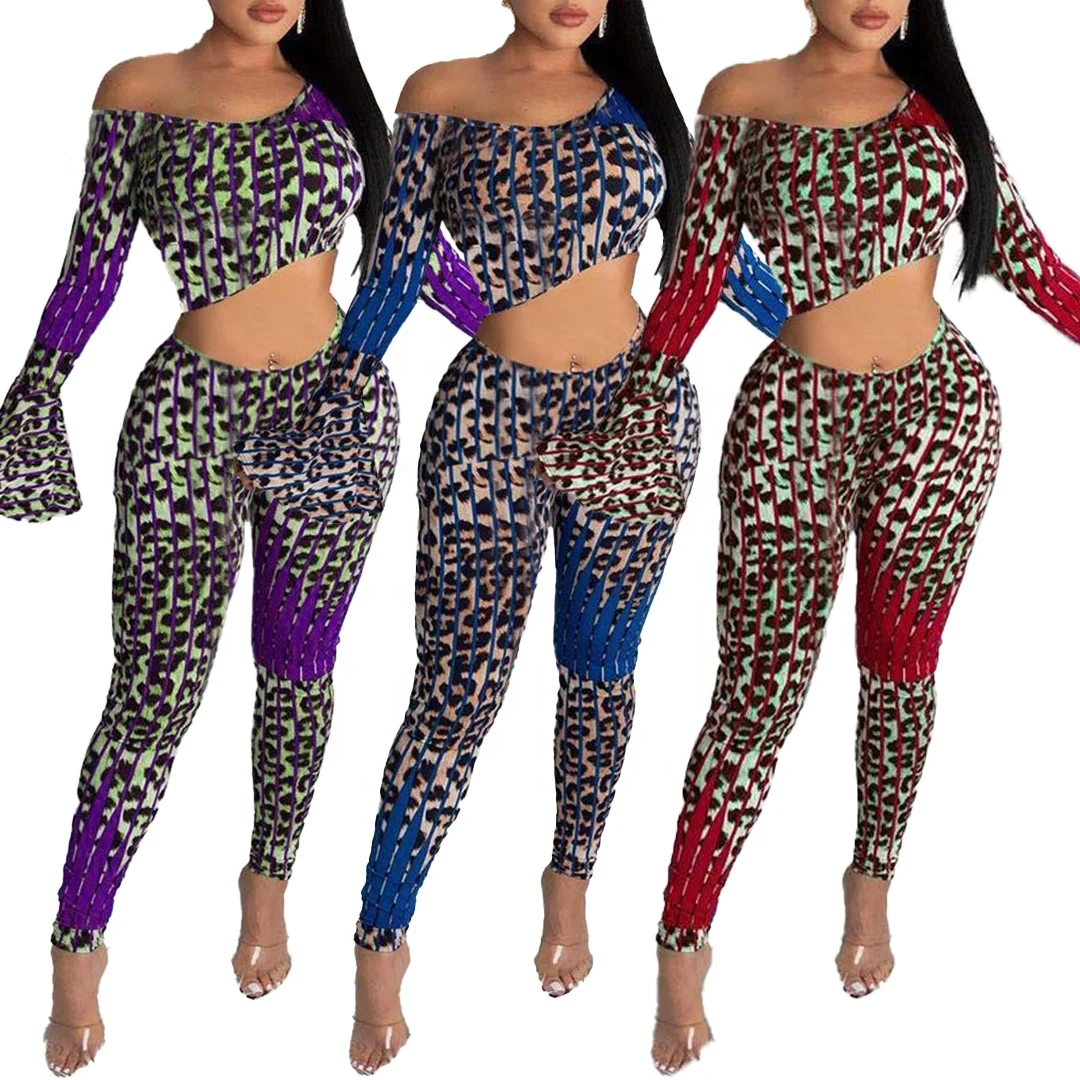 

B63780A Women's clothing manufacturers direct autumn sexy shoulder leopard print flared sleeve set, Red/purple/blue