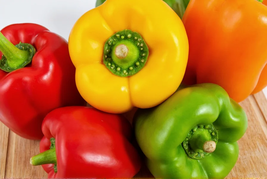 Close-up of assorted bell peppers in red, yellow, orange, and green arranged in a circular pattern on wooden cutting board