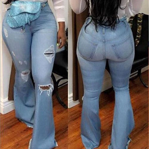 

Nostalgic high-waisted retro stretch lift hip tear tear personality wide leg bell-bottom jeans mop the floor pants, White blue1 blue2 black