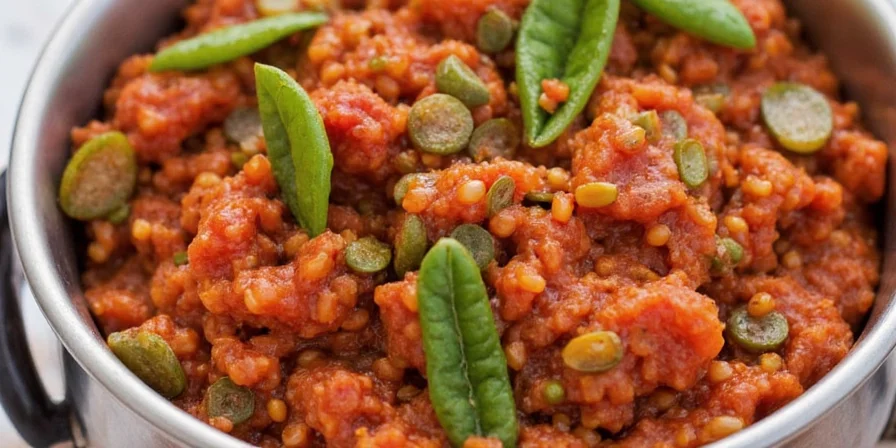Kashmiri chili blended with spices in a mortar and pestle