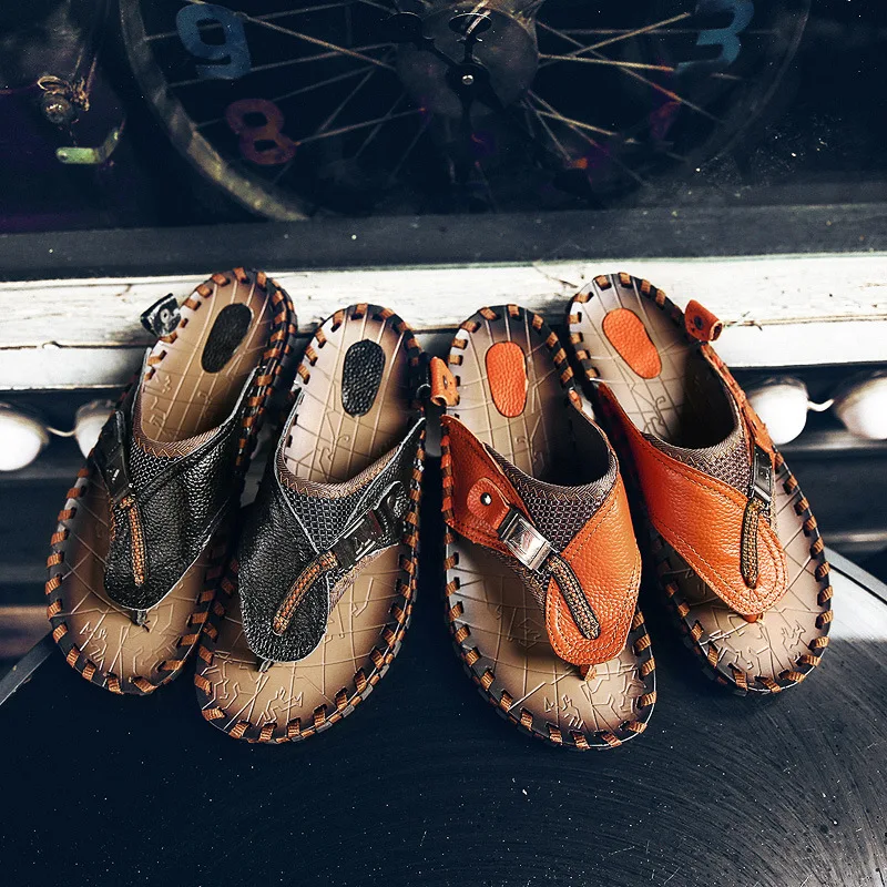 

2021 Wholesale Summer Men's Flip Flops New Beach Shoes Top Layer Cowhide Outdoor Flip Flops For Men, Customized color