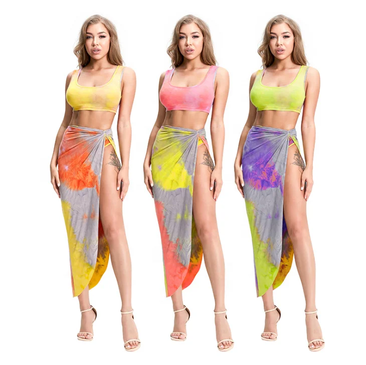 

2021 New Sleeveless Tie Dye Floral Print Vest Crop Top Dress Two Piece Set Sexy Fashion Asymmetric Party Beach Dress for Women