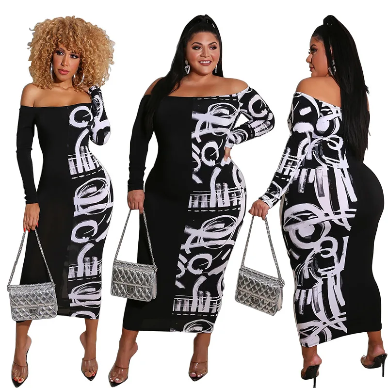 

Wholesale 5XL Fat Women Casual Plus Size Graffiti One Shoulderr Long Sleeve Fitted Dress