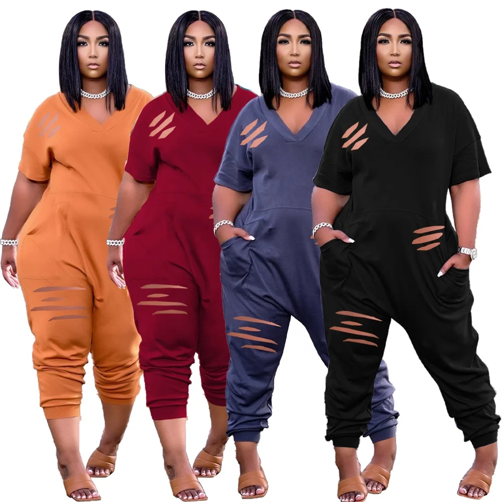 

New arrival summer V-neck burn out loose jumpsuit summer bodysuits for women, Blue/black/burgundy/orange