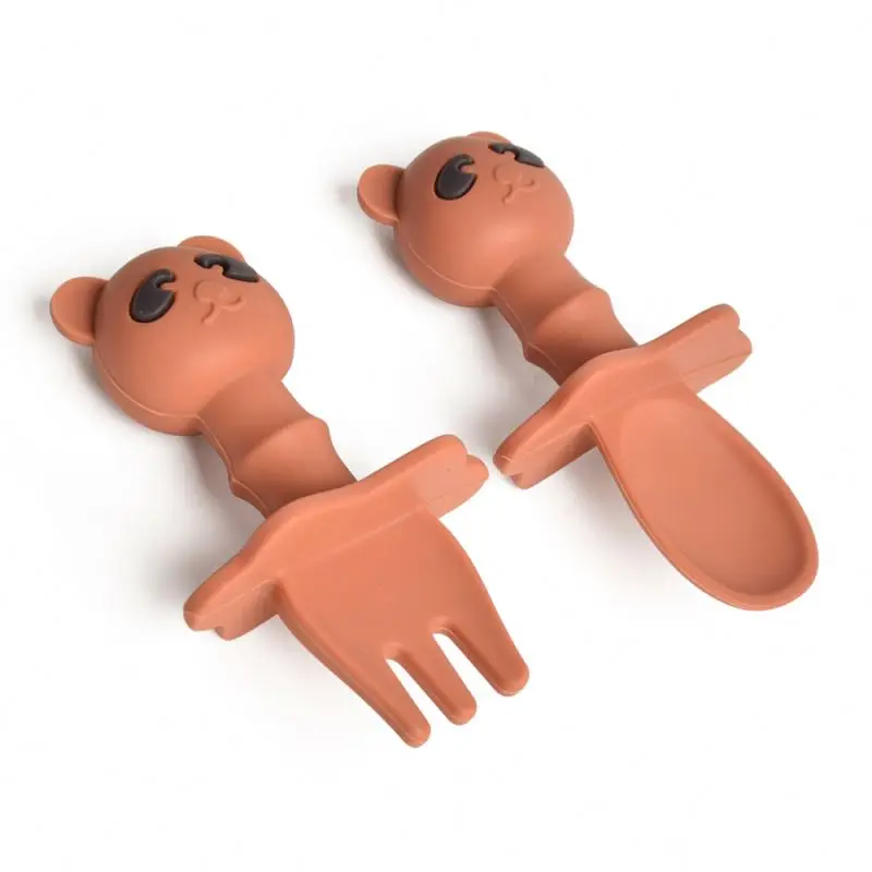

Bpa Free Baby Cartoon Spoon Feeding Set Products Flexible Silicone Spoon And Fork Set For Baby