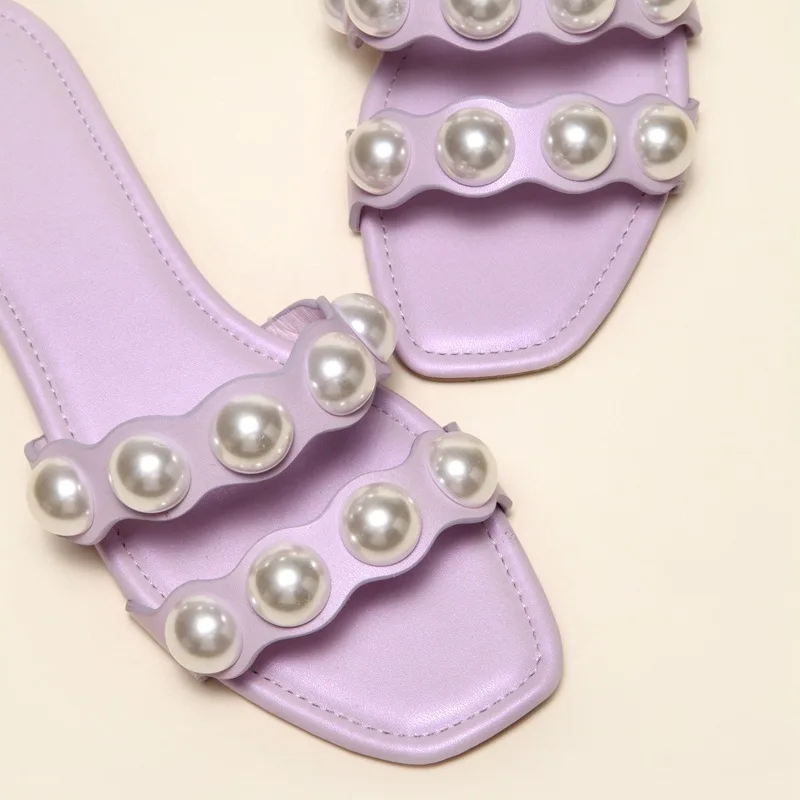 

PDEP luxury most popular candy color flat sandals with fancy pearl plus size 42 elegant purple sandals slippers for women, Green, black, purple,blue,beige