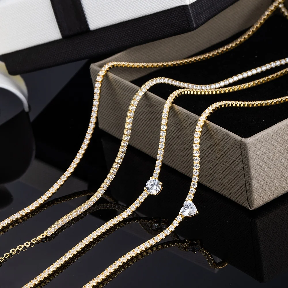 

925 Sterling Silver 14K Jewellery Zircon Women 18K Gold Plated Jewelry Choker 2MM CZ Necklace Tennis Chain