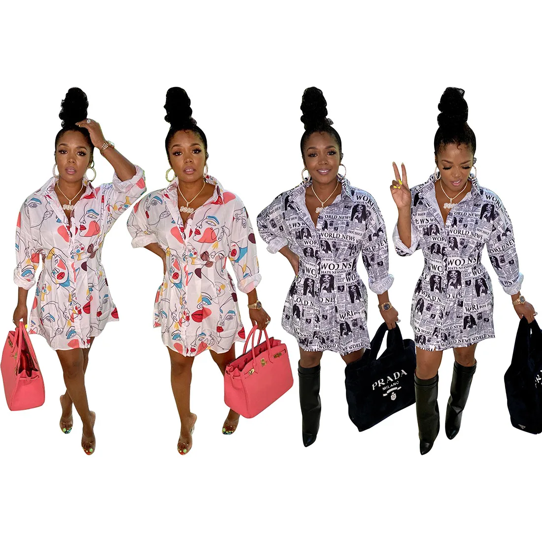 

Women Trend Dress Fashion Temperament Beautiful Long Sleeve The Single Breasted Casual Printing Dress, White newspaper