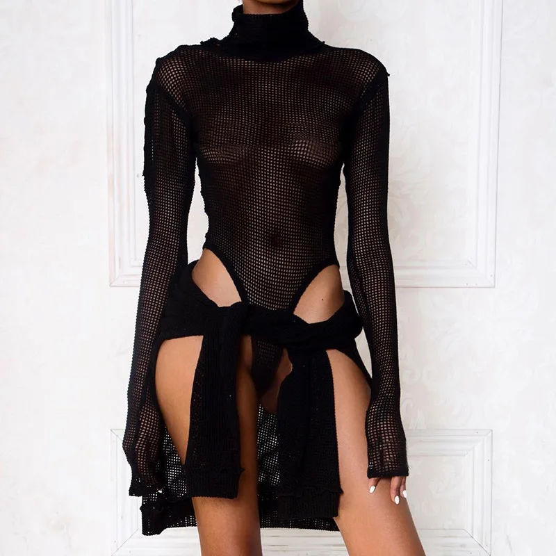 

Black White Knitted Long Sleeve Bodysuit For Women Romper Sexy Side Button See Through High Street Club Beach Wear C13992