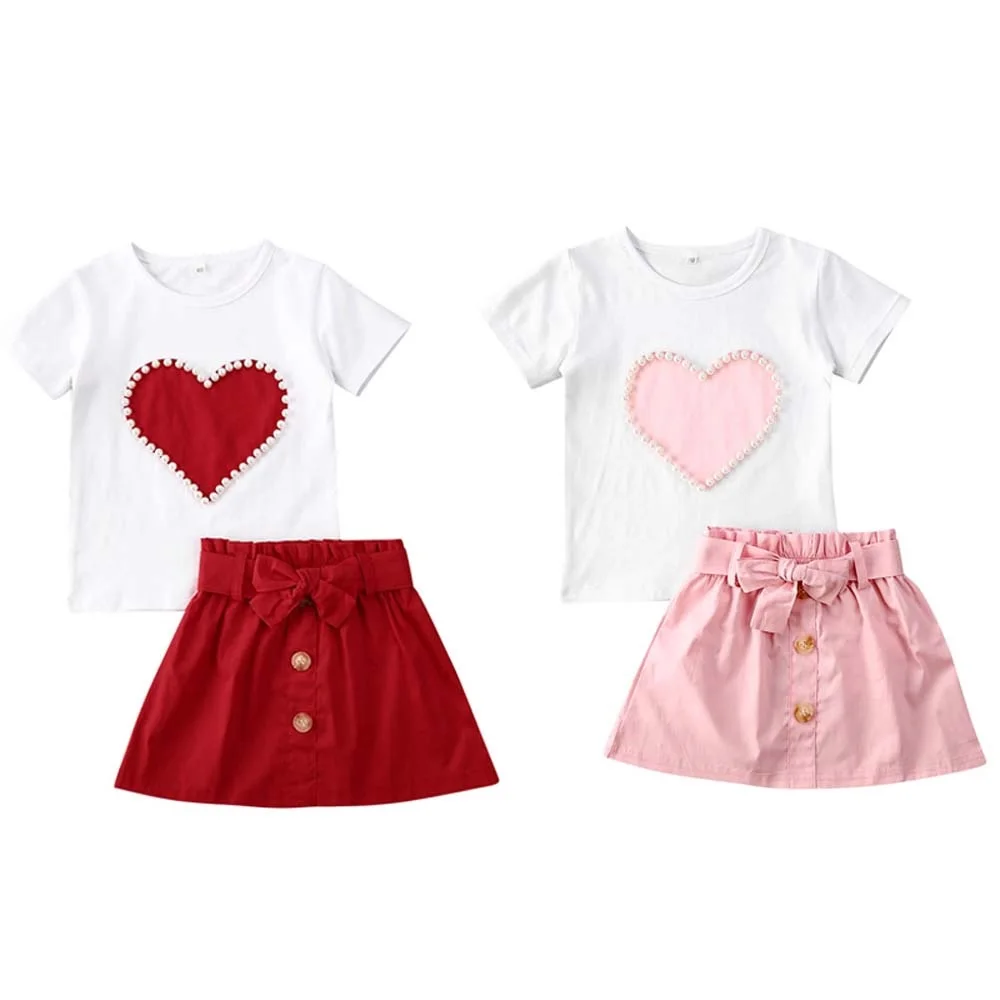 

Baby Summer Clothing toddler Kids Girl Valentine Clothes Pearls Heart Top Shirt Skirt 2Pcs Set Outfit