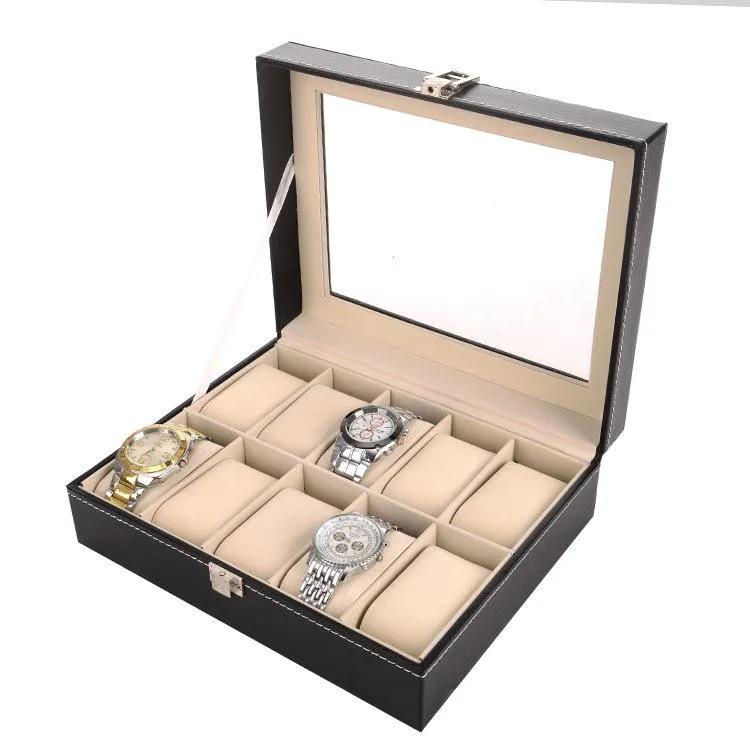 

10 Grid Black PU Wooden Wrist Watch Box Display Box Jewelry Storage Holder Organizer Case with Glass Window 10pcs/ctn Wholesale