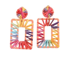 

2020 new fashion handmade Christmas gift colorful rainbow natural raffia women hoop earrings jewelry