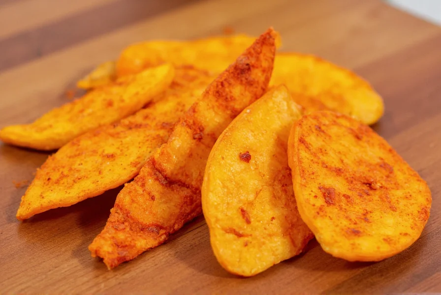 Close-up photography of dried chili mango slices showing vibrant orange color with red chili powder coating on wooden cutting board