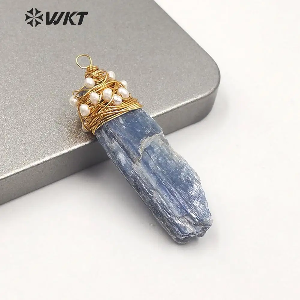 WT-P1531 Classic Natural Blue Kyanite Pendant With Wire Wrapped Pearl Beads Fashion Lady Charm Jewelry Blue Kyanite Pendant