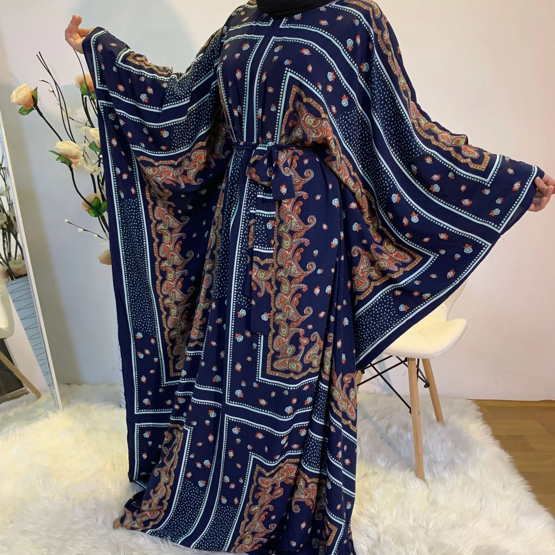 

Kimono cardigan floral long sleeve beautiful lady one-piece plus-size dress