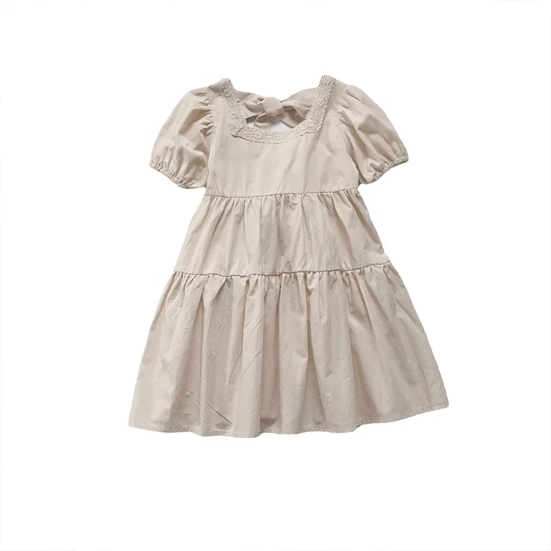 

Korean Style Child Sundress Boutique Baby Girl Square Lace Neck Bow Back Layered Hem Smock Dress for Kids, As picture shows