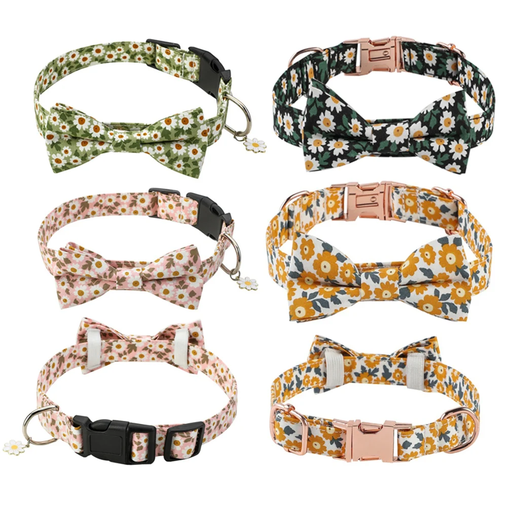 

Elegant Cute Pet Cat Dog Collar Metal Buckle Floral Collar With Bow, Colorful