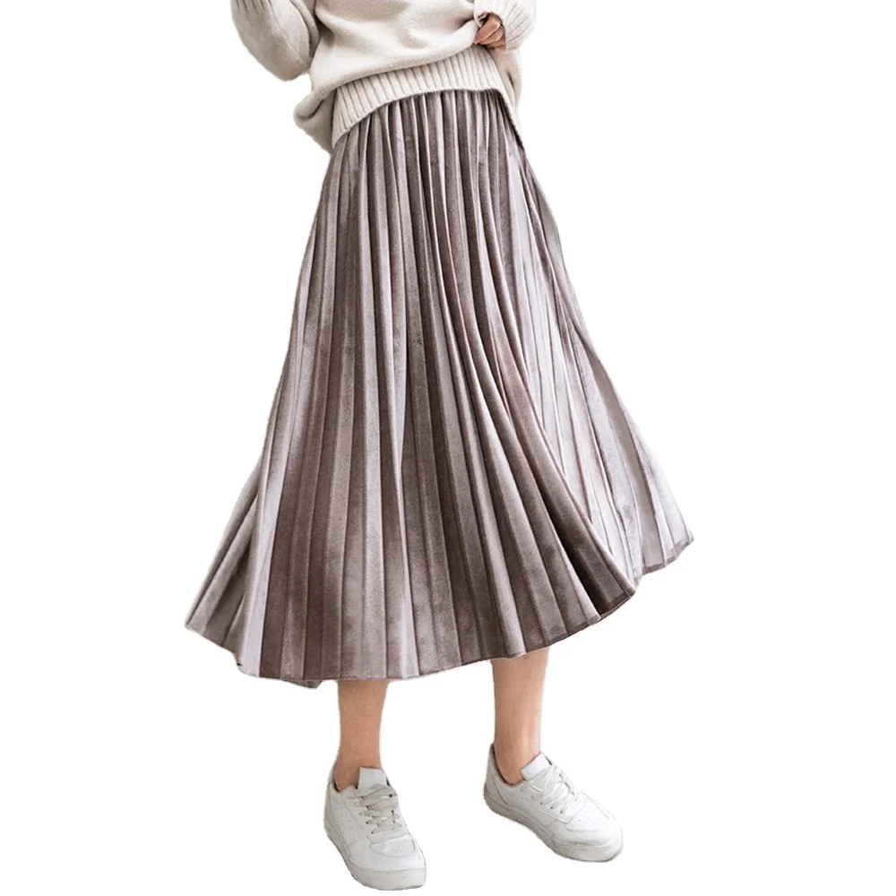 

Women Long Silver Maxi Pleated Skirt Midi Skirt High Waist elasticity Casual Party Skirt