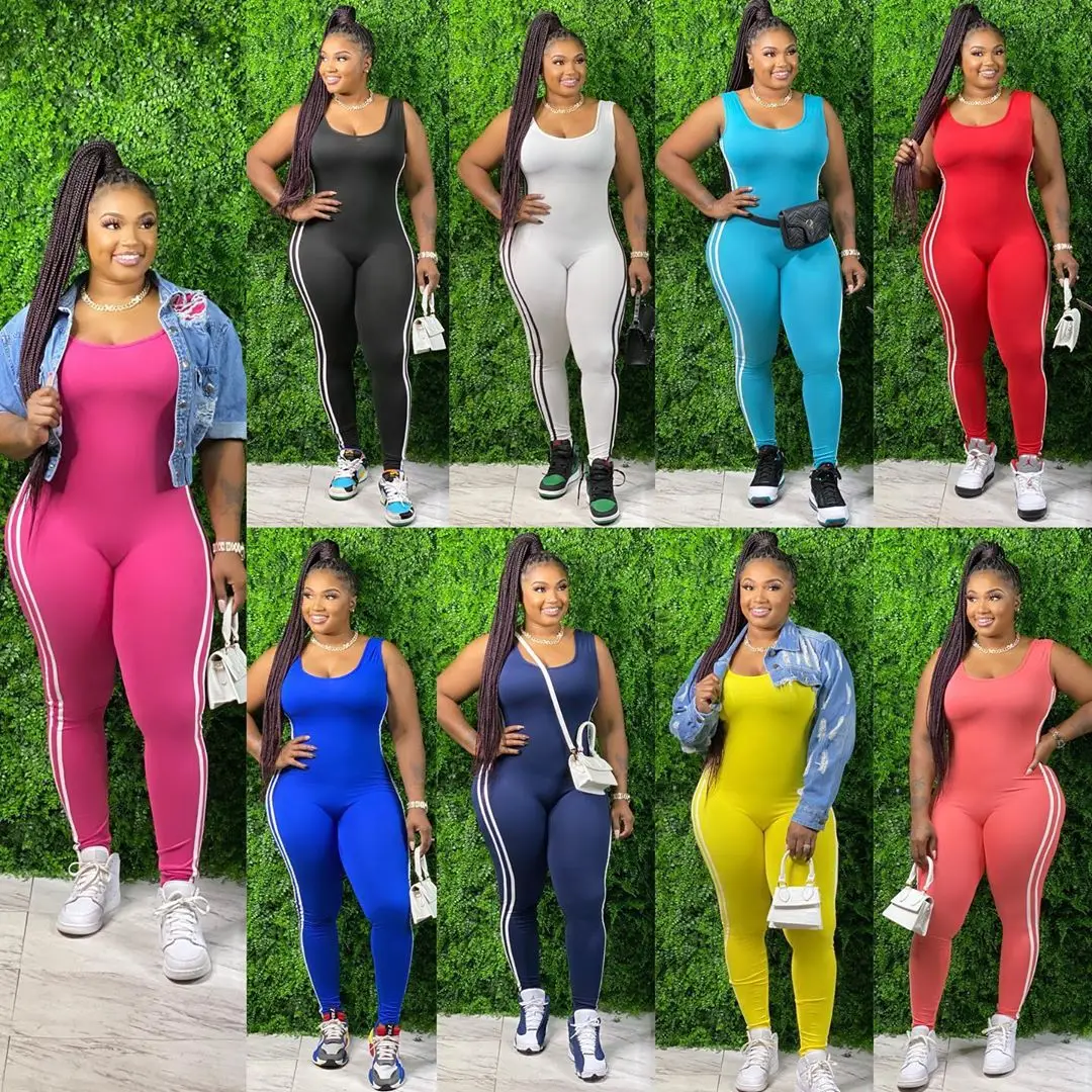 

wholesale plus size fat women striped bodysuit ladies street sport wear shaping jumpsuit