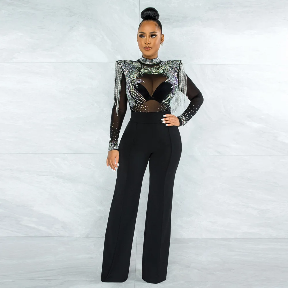 

Sexy Party Women Long Sleeve Shoulder Pad Mesh See Through One Piece Club Wide Leg Pant Tassel Rhinestone Diamond Jumpsuit