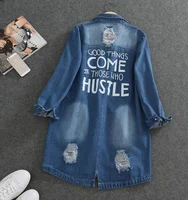 

Spring Autumn Korean Version Of The Long Section Large Size Long Sleeve Casual Thin Denim Jacket Hole Windbreaker Female