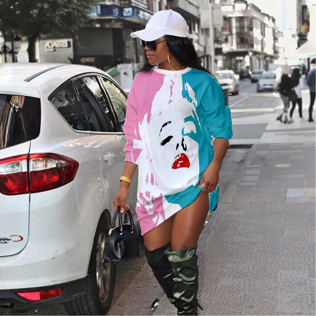

Casual loose long sleeve printed sweater fashion 2020 winter plus size dresses women