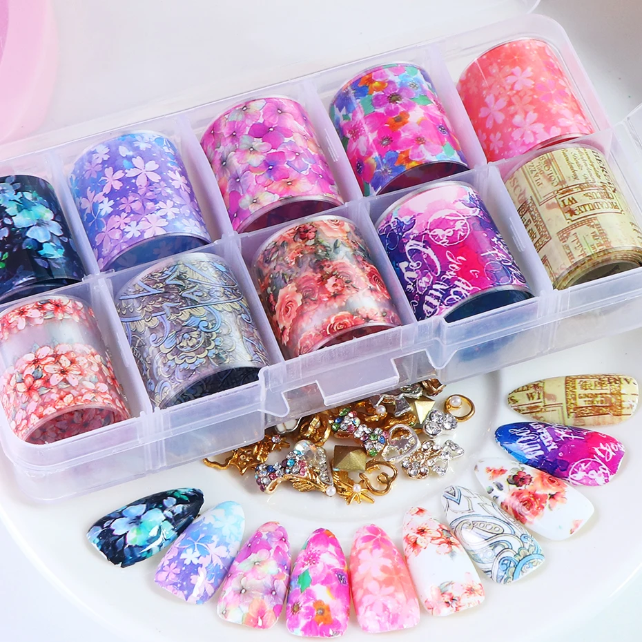 

10pcs Colorful Flowers gel nail wrap Stickers Nails Foil Transfer Starry Sky Summer Sliders For Manicure Nail Art