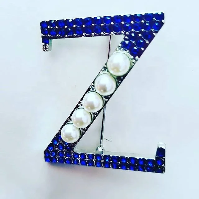 

Royal Blue Letter Z Rhinestones Brooch Zeta Phi Beta Hand Sign Dove Heart Lapel Pin With 5 White Pearls, Picture