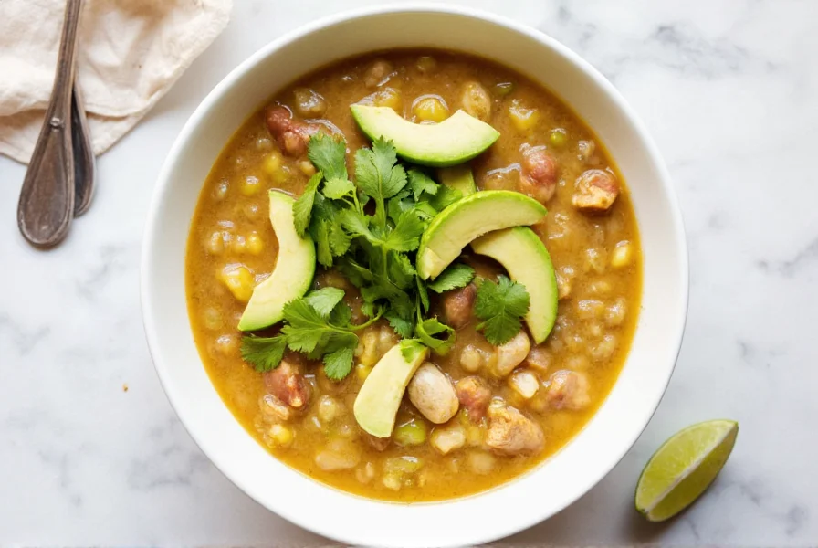 Serving of ww white chicken chili in a white bowl with optional toppings including avocado slices, cilantro, and lime wedges