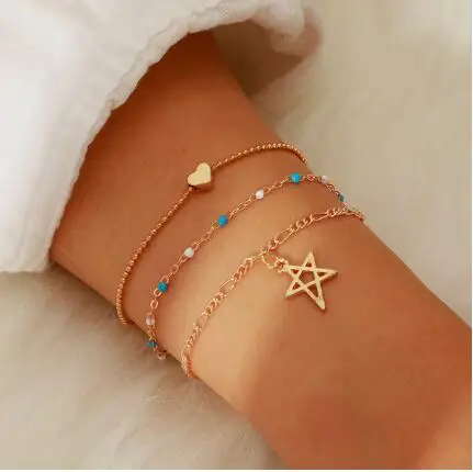

HuaTang Star Heart Beaded Dangle Bracelet Femme Adjustable Chain Multi Layer charm Bracelet Set Jewelry Pulseras, As picture show