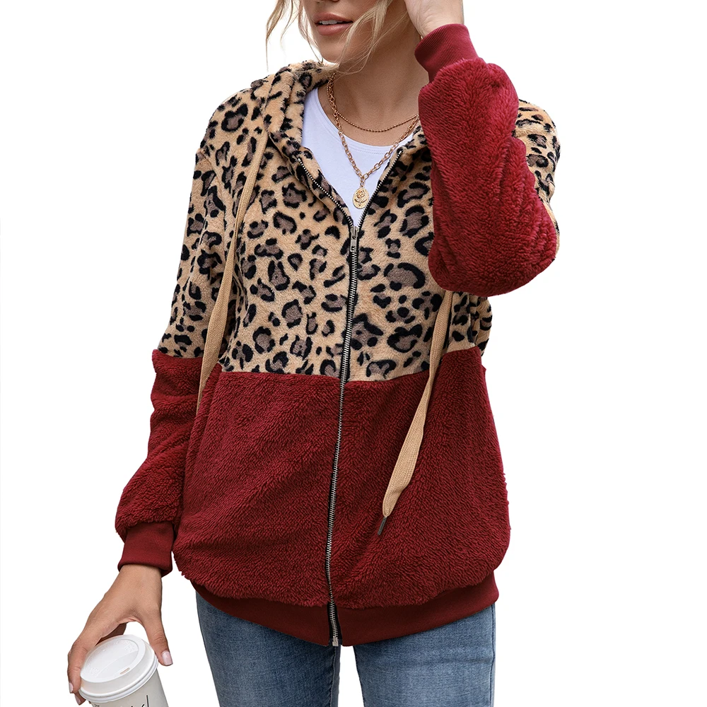 

Women's Leopard Print Splicing Hoodie Winter New Fashion Casual Long Sleeve Coat Top, As show