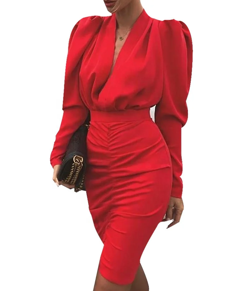 

B51465A New style ladies fashion v neck puff sleeve elegant pleated dress, Red