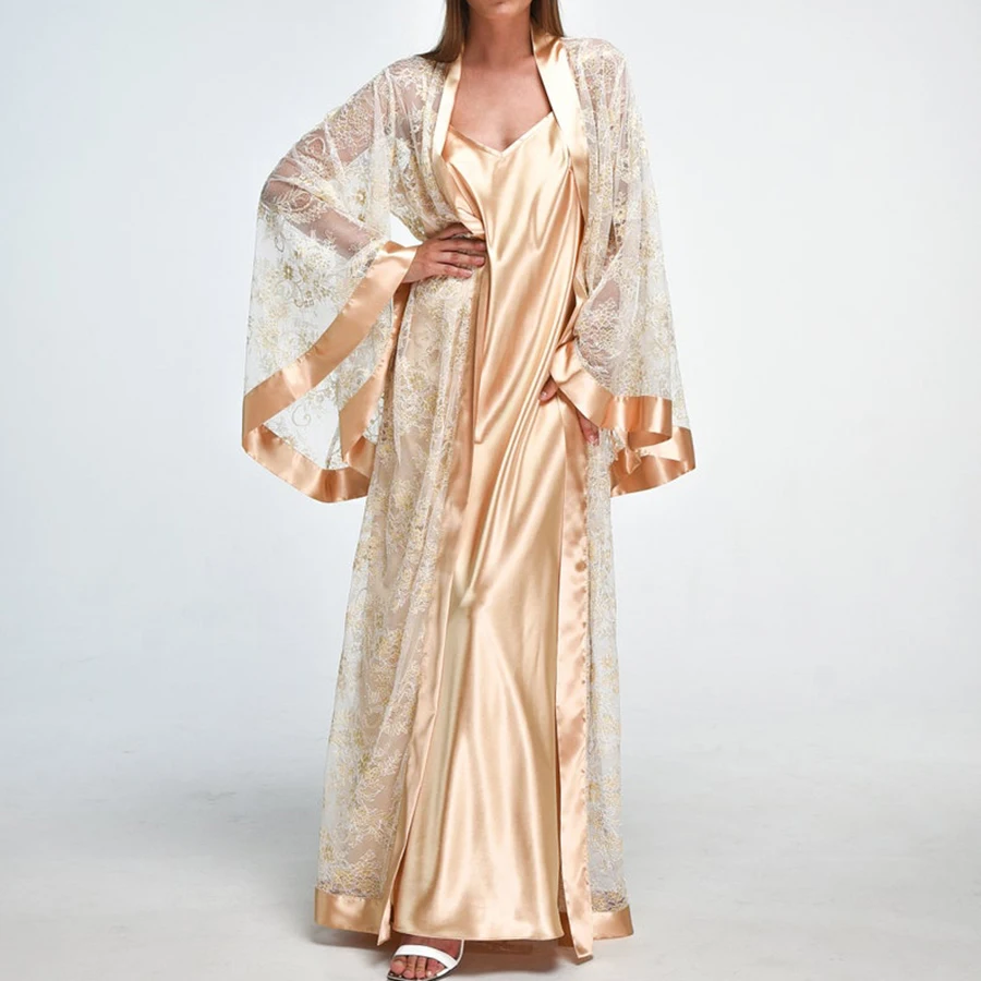 

Beta 2022 Top Design Lace Kimono Bride Robe Set Sheer Sexy Pajamas Nightgown Gold Satin Silk Robes Women