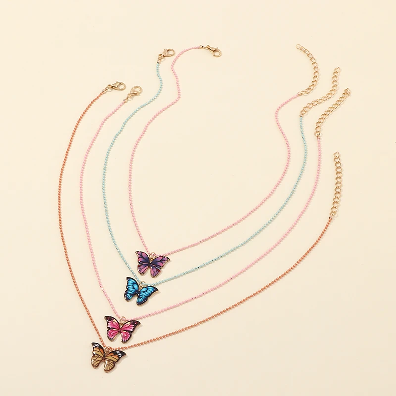

4pcs/set Bohemia Colourful Beads Choker Necklace Butterfly Pendant Beads Chain Jewelry For Women