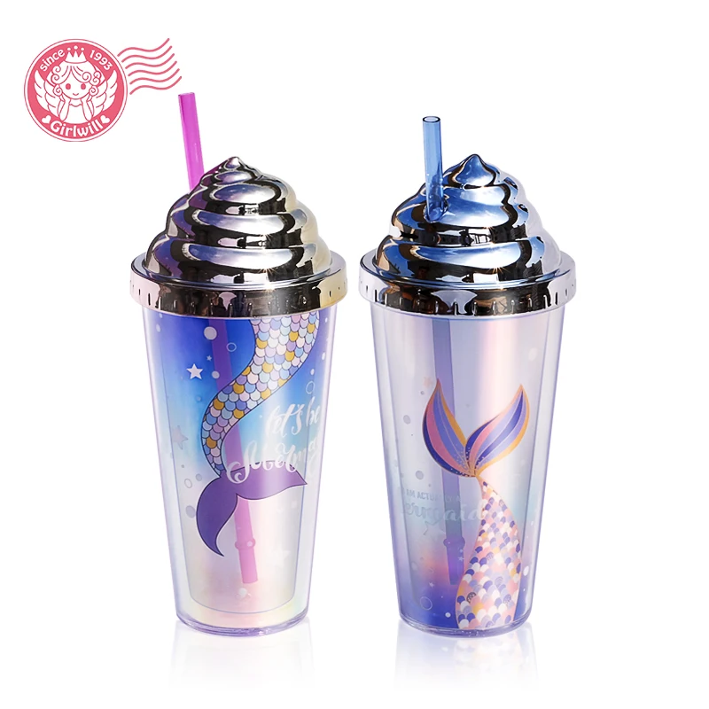 

Girlwill Mermaid Reusable Double Wall Plastic Tumbler Cups With cream Lids And Straw Custom Logo Mugs Supports OEM/ODM, Upper mermaid & under the mermaid