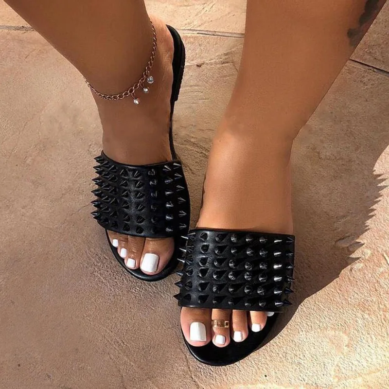 

Sexy Wild Rivet EVA Leather Female Slippers Candy Color PVC Flat With Women Sandals Beach slippers Sandals, Black pink orange