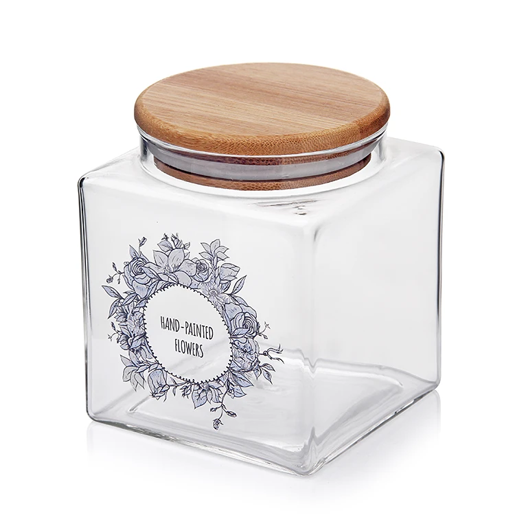 

New Product Print Flower Square Style Bamboo Lid Large Storage Glass Jar, Transparent