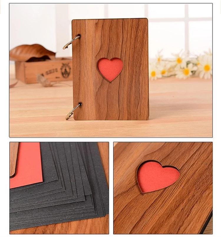Loose-Leaf Ring Binding DIY Wooden Cover Photo Album Scrapbook,Handmade High Quality Wood Album Photo Scrapbook