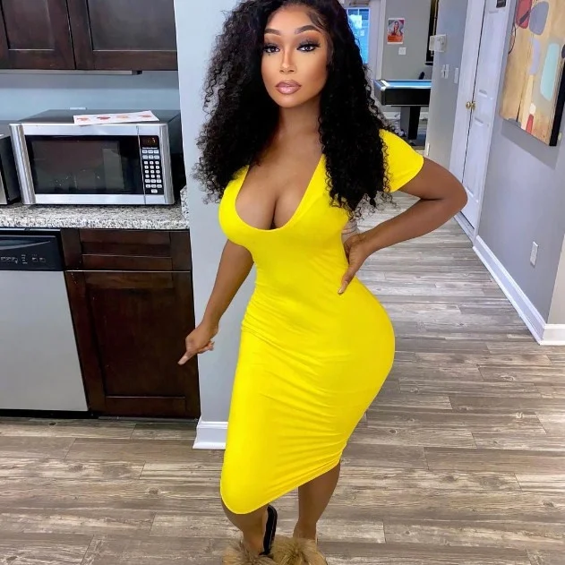 

X02986C Sexy Deep V Bodycon Dress Short Sleeve Summer Outfits For Women Solid Skinny Clubwear Night Party Ladies Midi Dresses