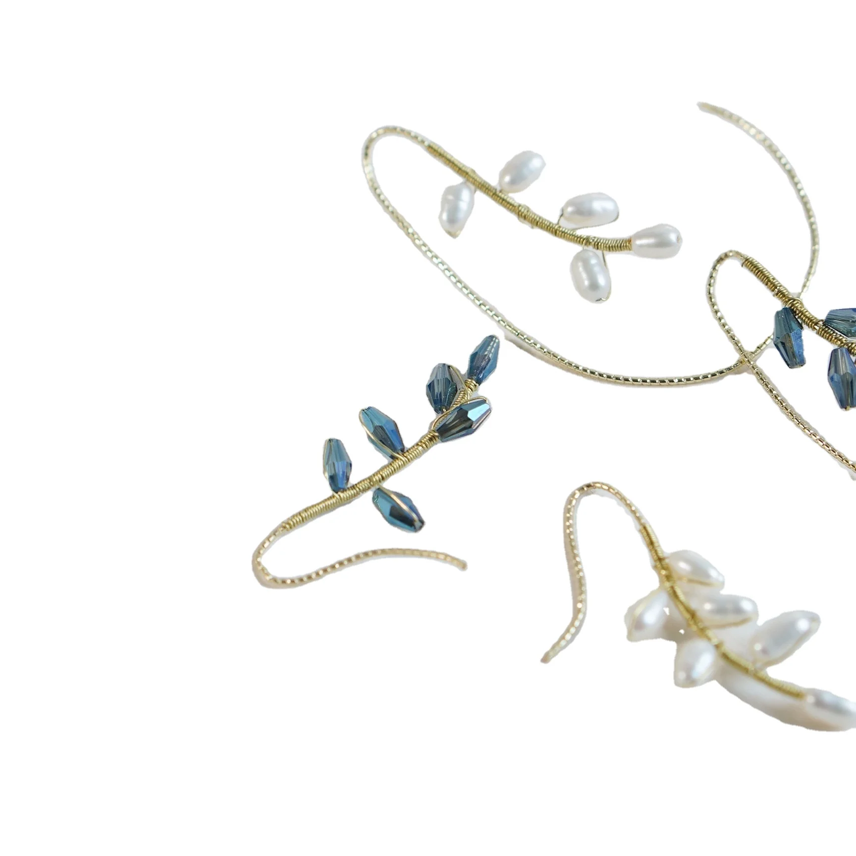 

Fresh water pearl eardrop temperament antique style asymmetrical ear bone clip, White, blue