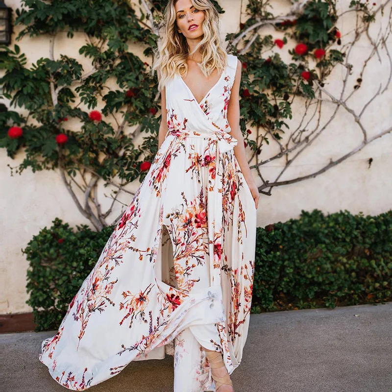 

Printed Chiffon Dresses Bohemian Elegant Vacation Beach Split long maxi dress
